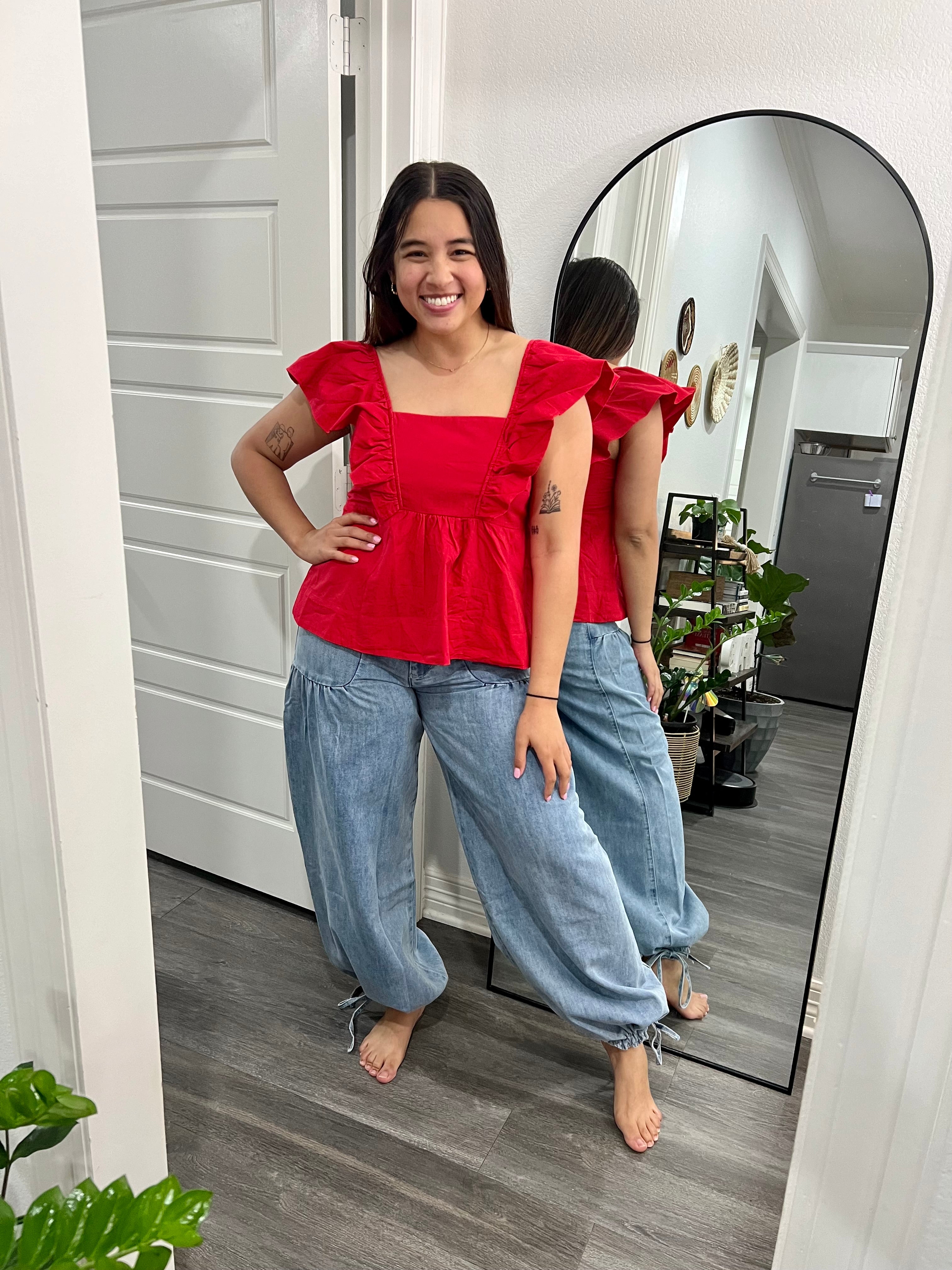 Red Ruffled Sleeve Top
