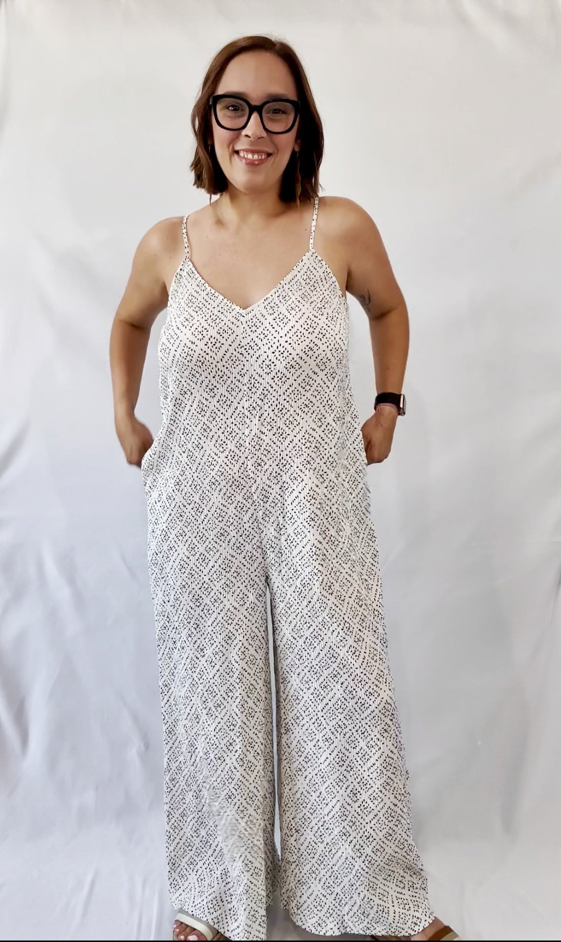 Sleeveless Wide Leg Jumpsuit with Pockets White Dotted
