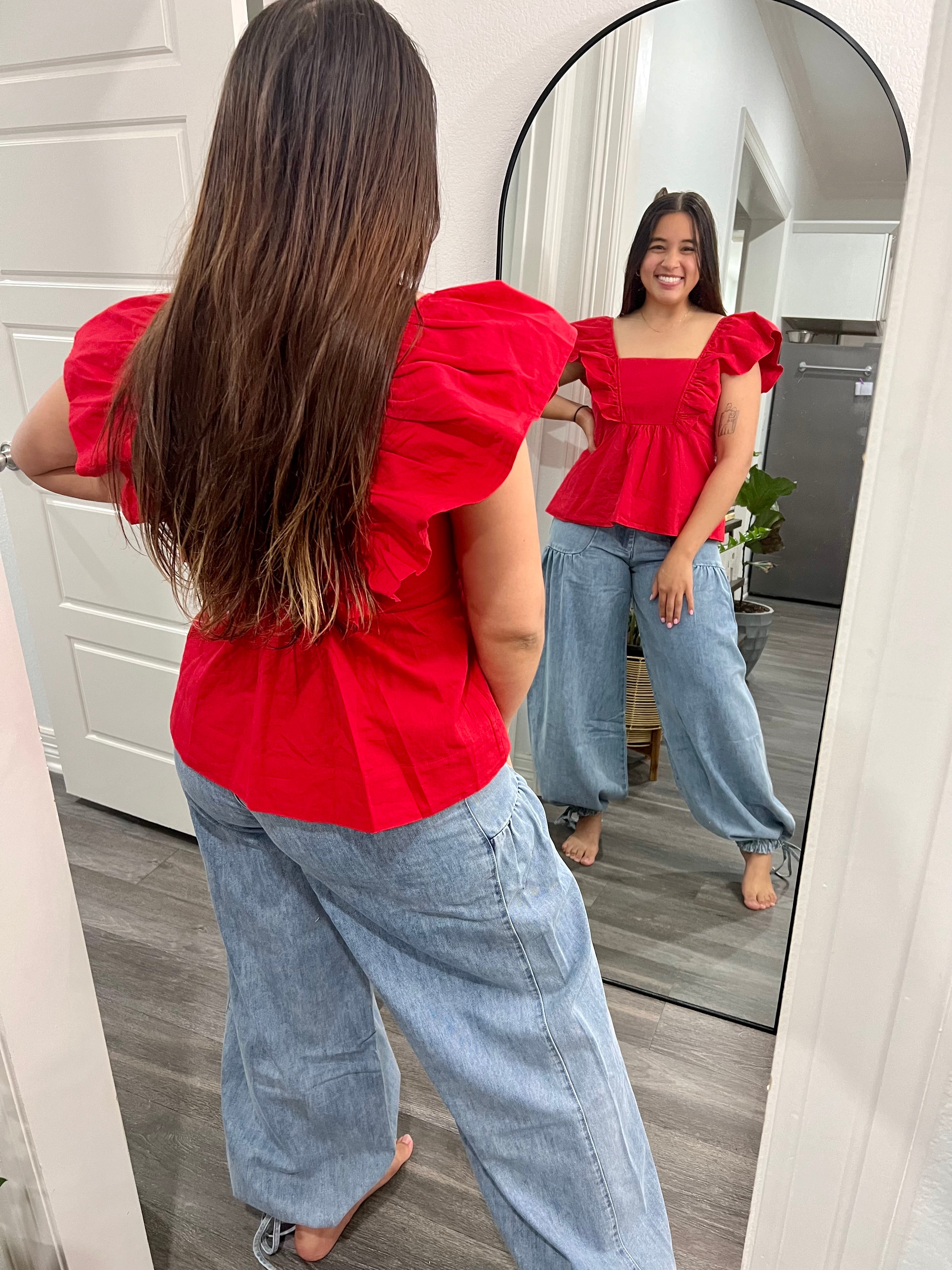 Red Ruffled Sleeve Top