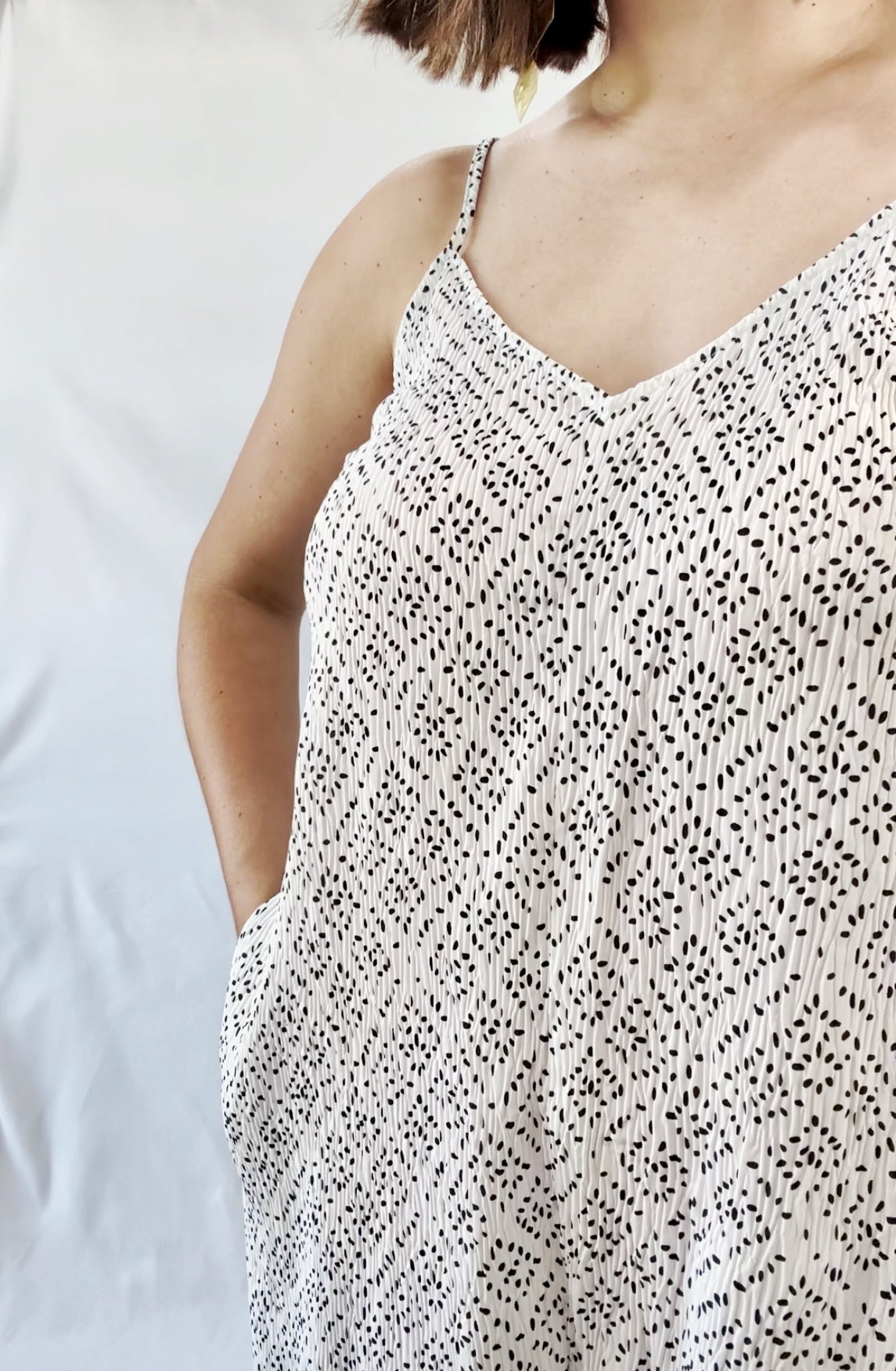 Sleeveless Wide Leg Jumpsuit with Pockets White Dotted