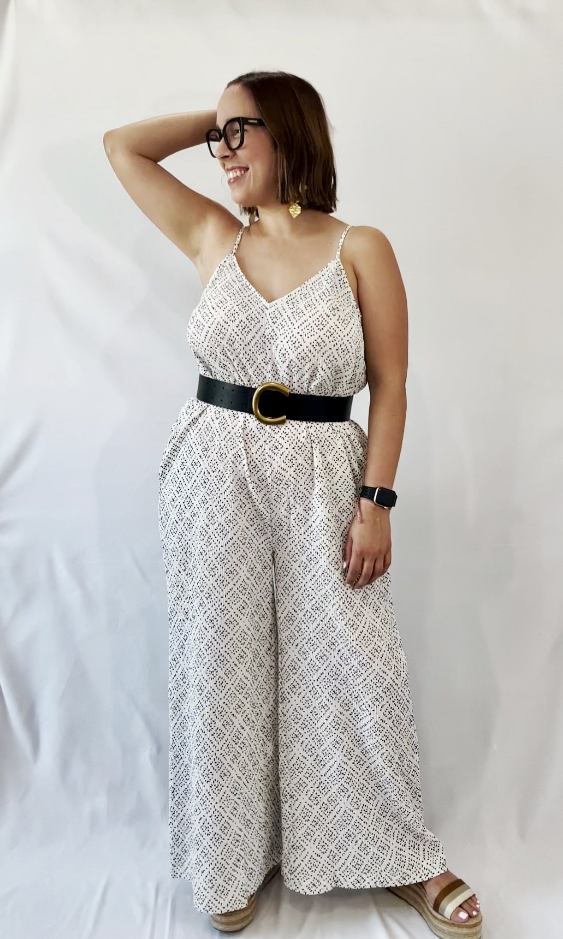 Sleeveless Wide Leg Jumpsuit with Pockets White Dotted
