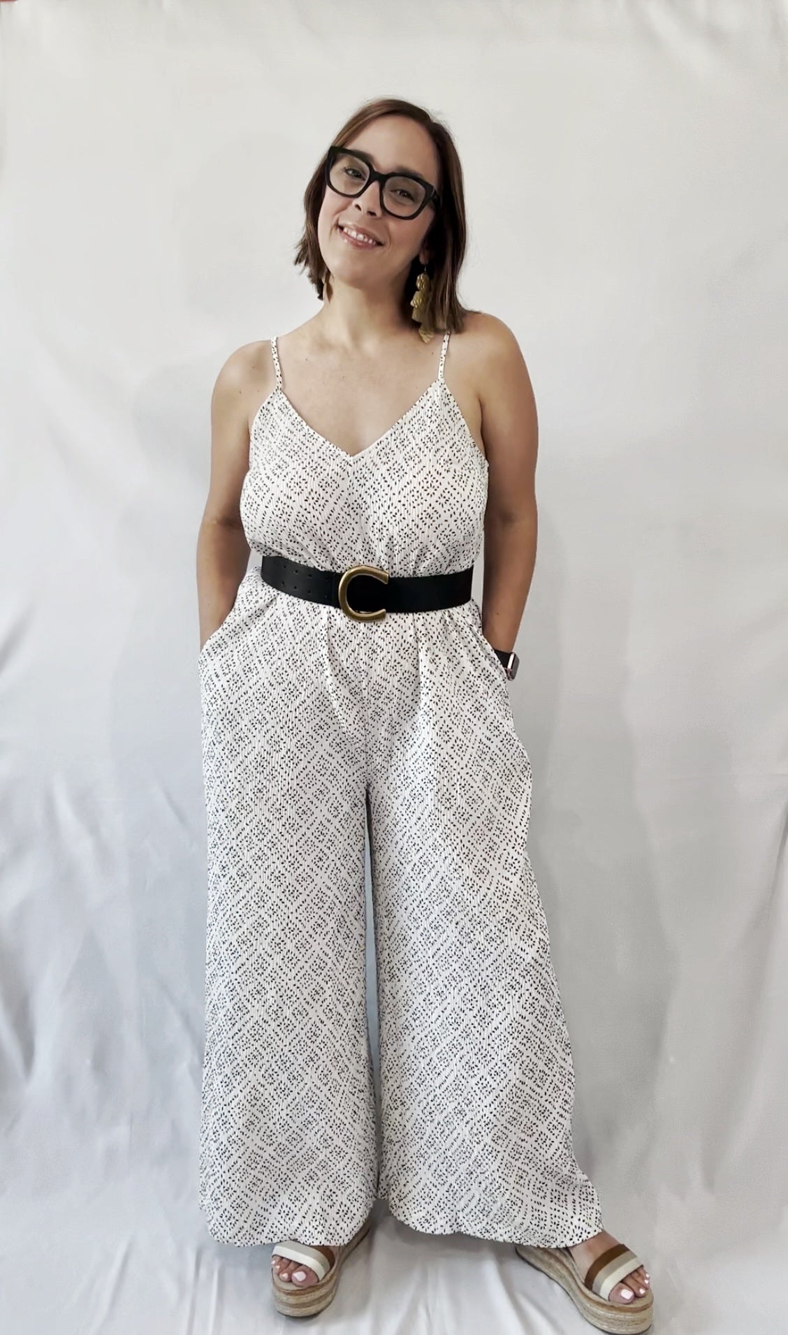 Sleeveless Wide Leg Jumpsuit with Pockets White Dotted