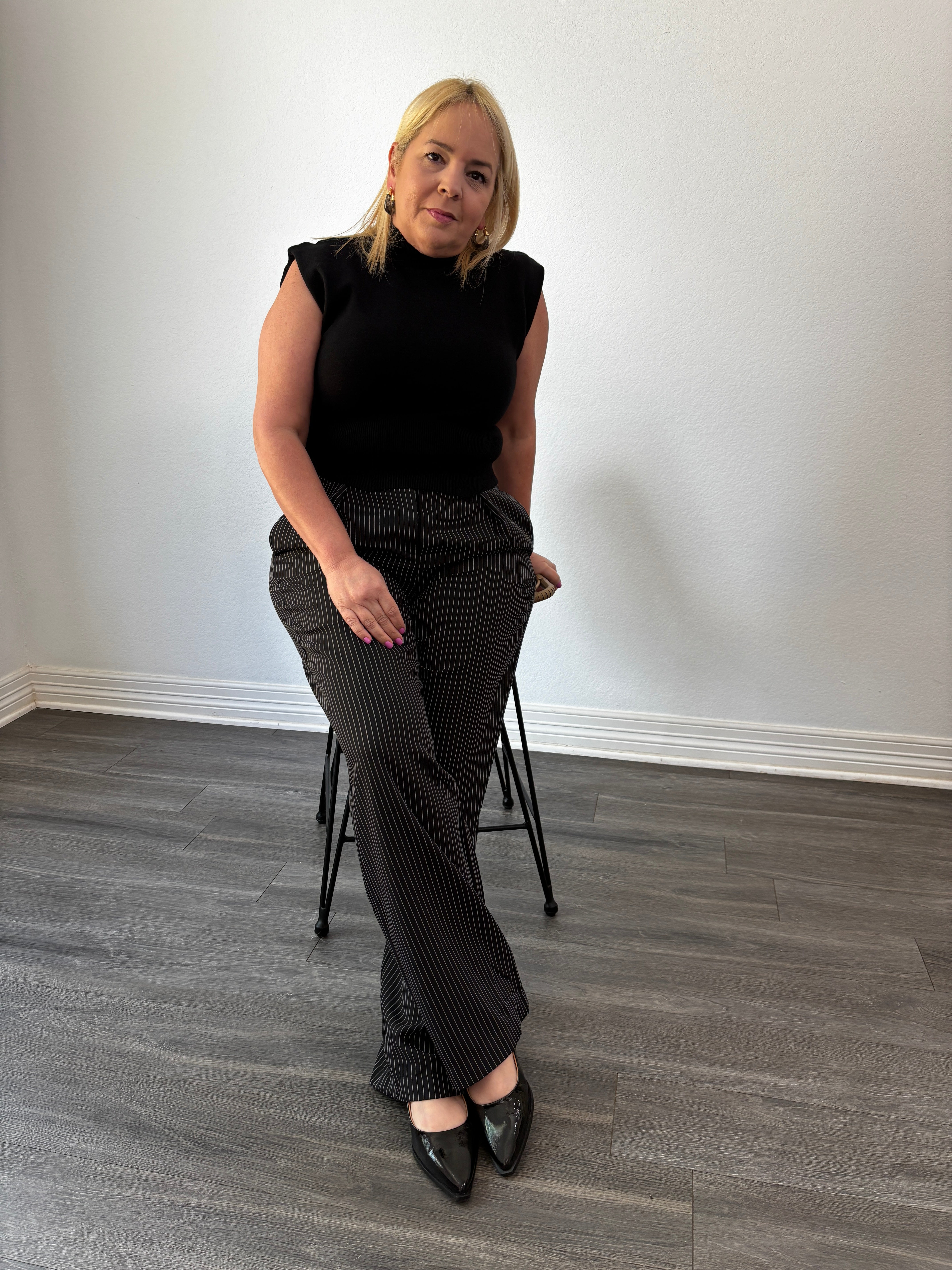 Leah Front Pleat Pinstriped Pants Black