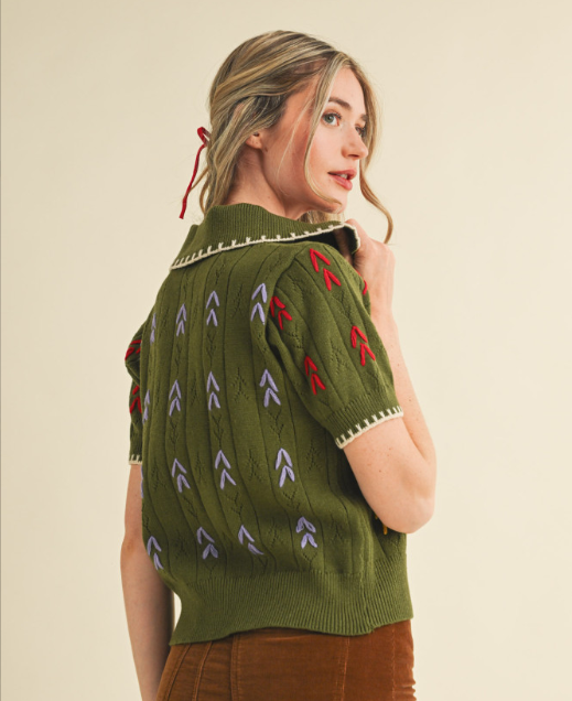 Daisy Embroidered Sweater Top Olive Green