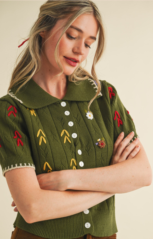 Daisy Embroidered Sweater Top Olive Green