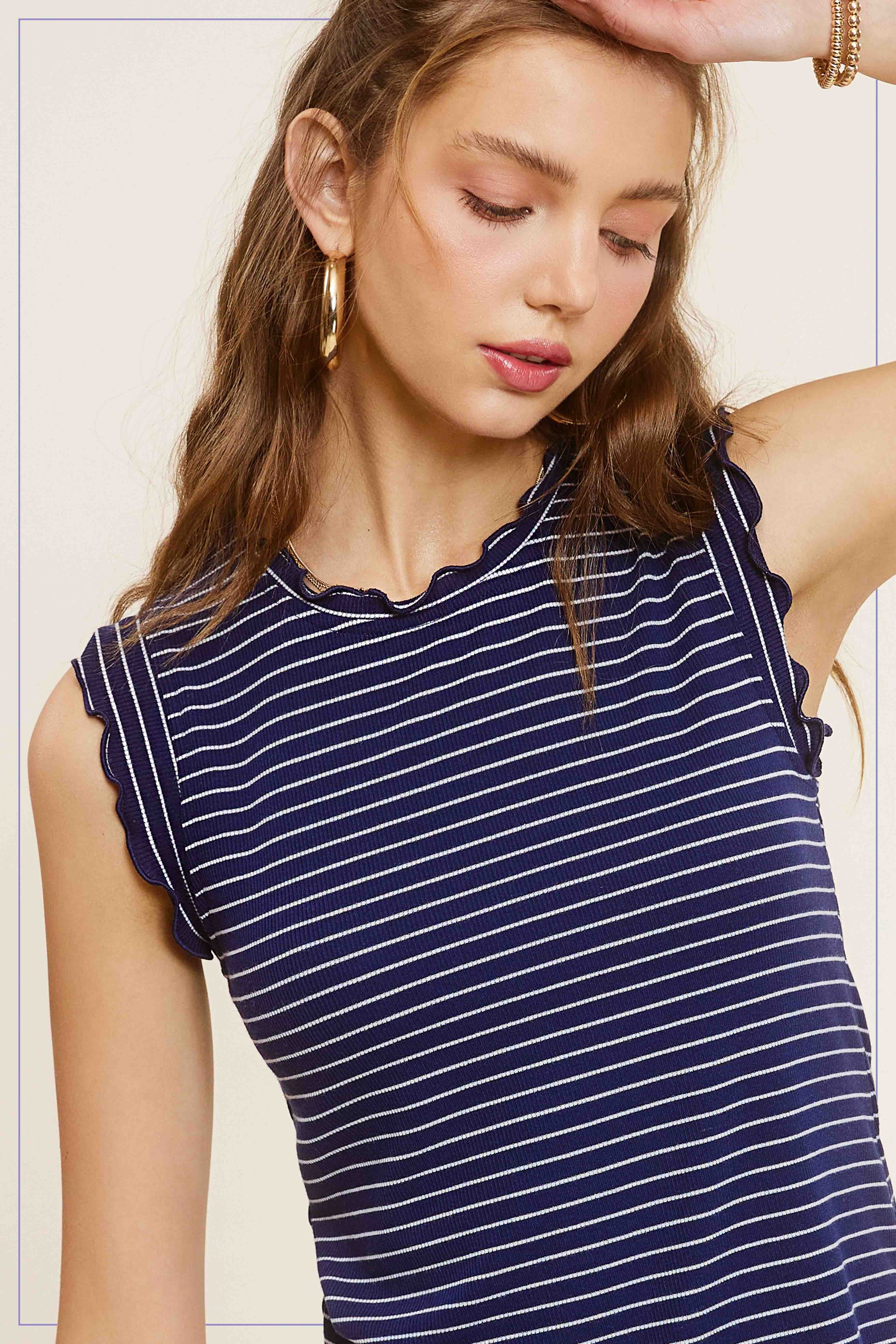 Olivia Ruffle Sleeve Stripe Tank – Navy