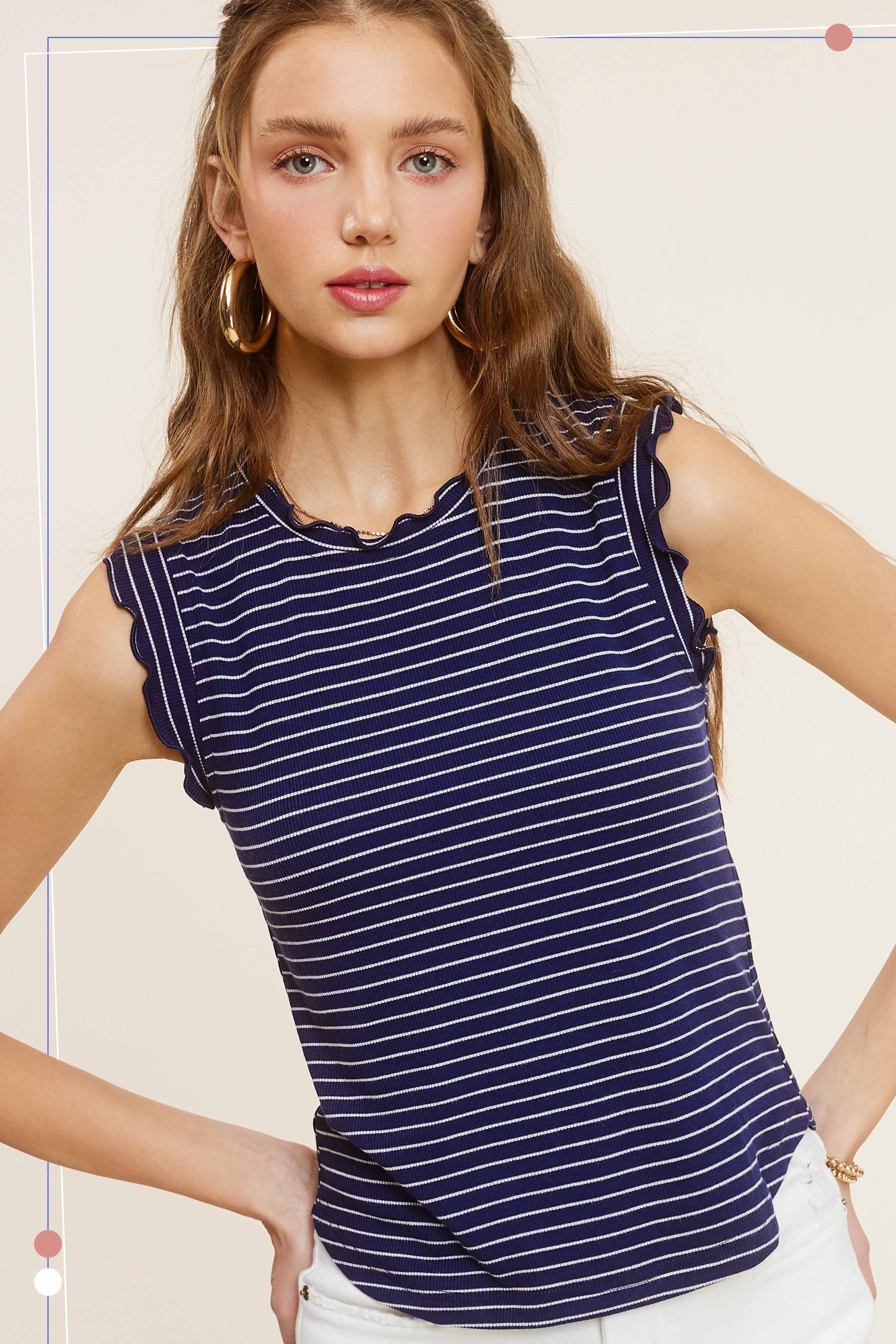 Olivia Ruffle Sleeve Stripe Tank – Navy