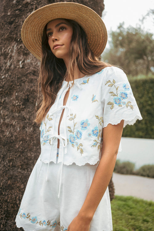 Adrianna Floral Embroidered Tie Top White