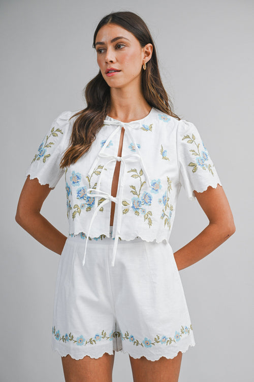 Adrianna Floral Embroidered Shorts White