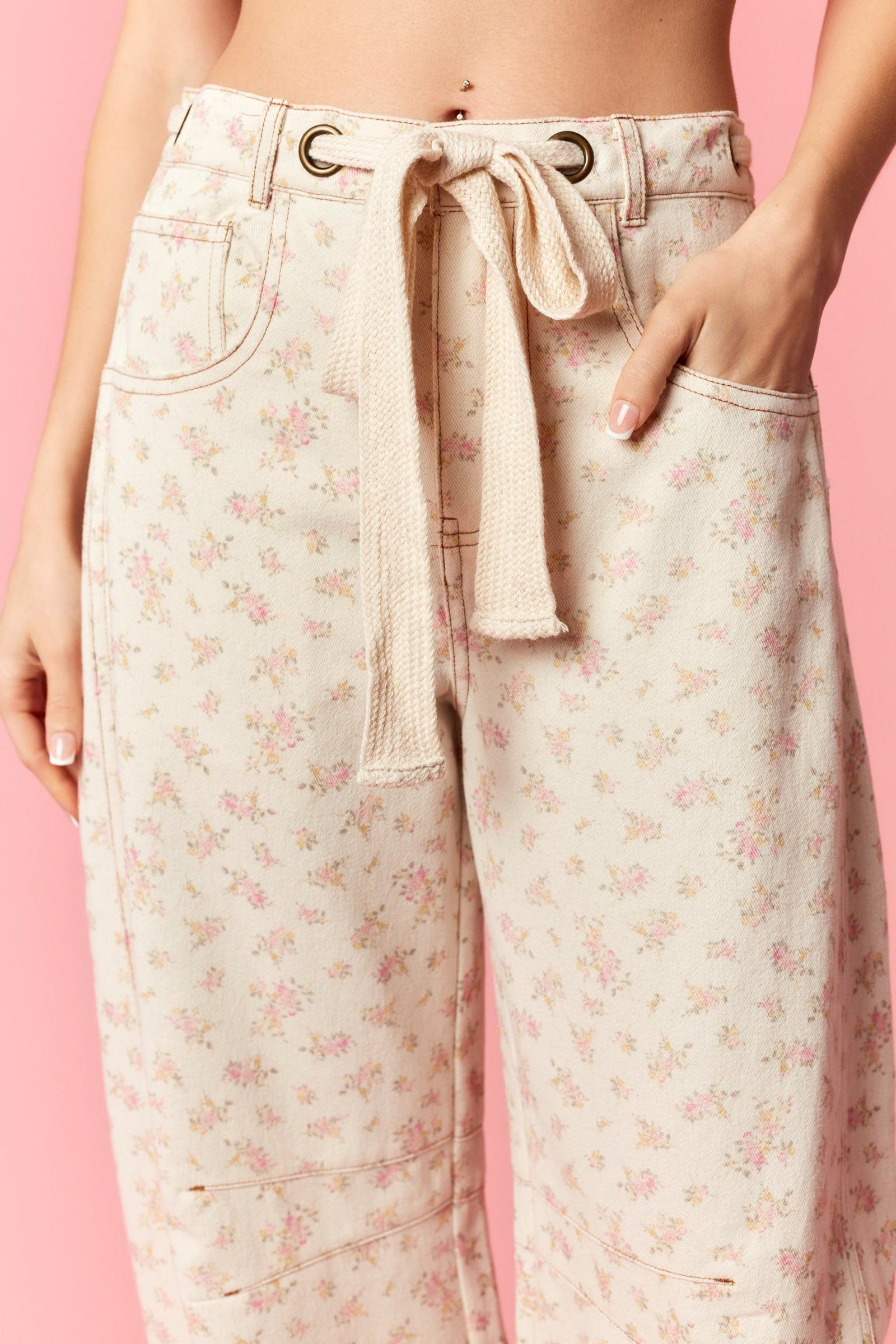Calla Pink Floral Denim Barrel Pants