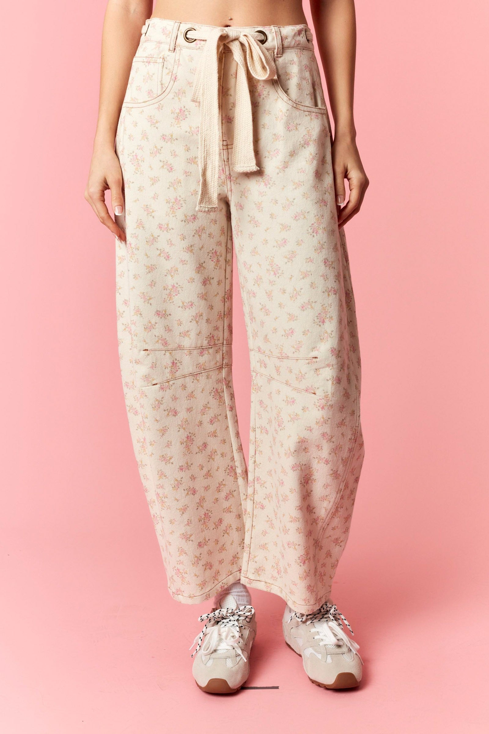 Calla Pink Floral Denim Barrel Pants