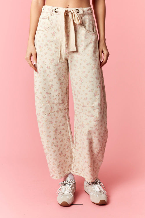 Calla Pink Floral Denim Barrel Pants