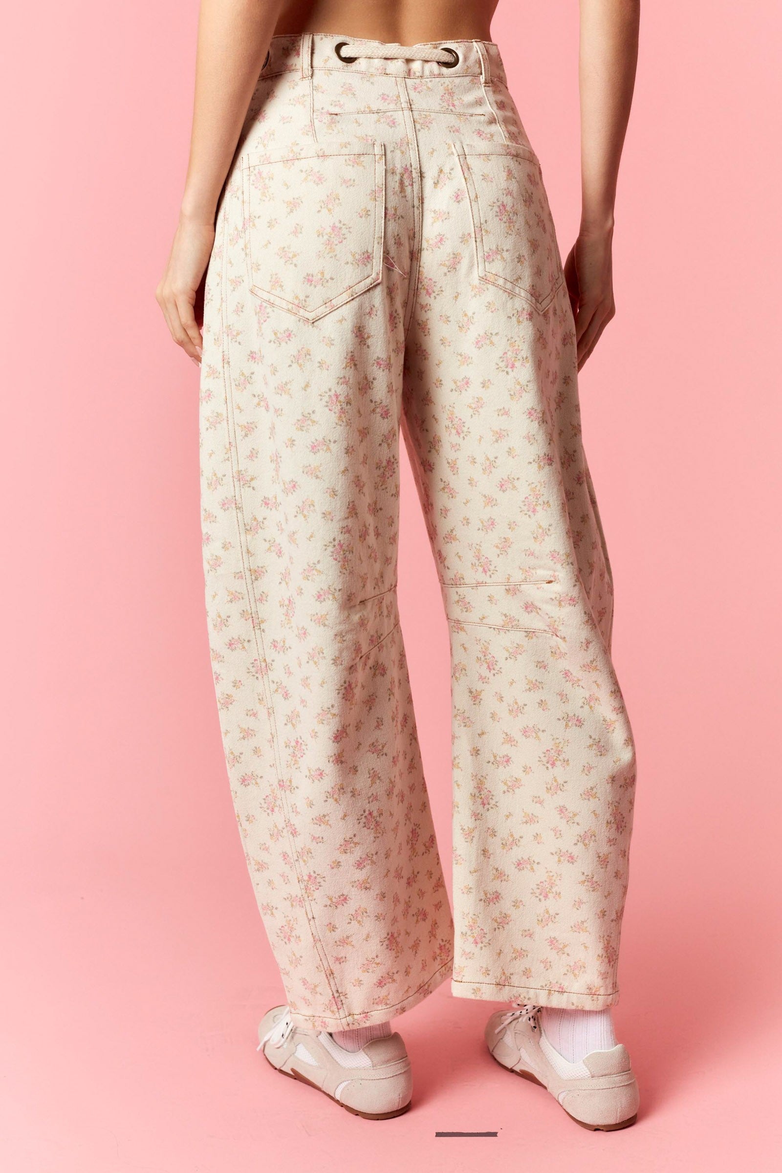 Calla Pink Floral Denim Barrel Pants