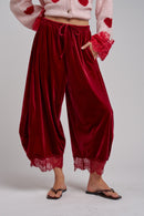 Claudette Velvet Lace-Hem Pants - Wine