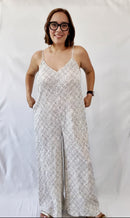 Sleeveless Wide Leg Jumpsuit with Pockets White Dotted