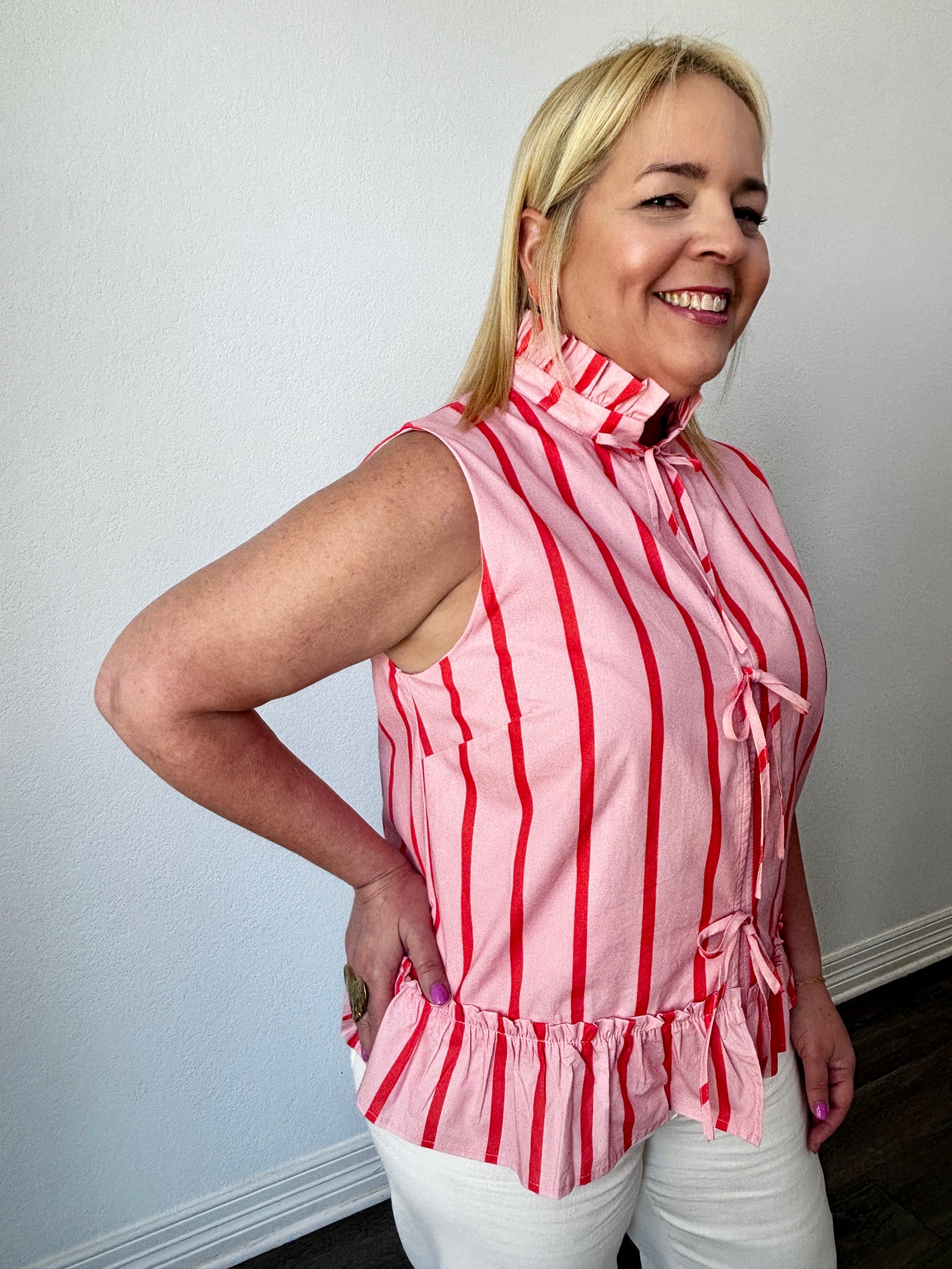 Lin Stripe Self-Tie Blouse