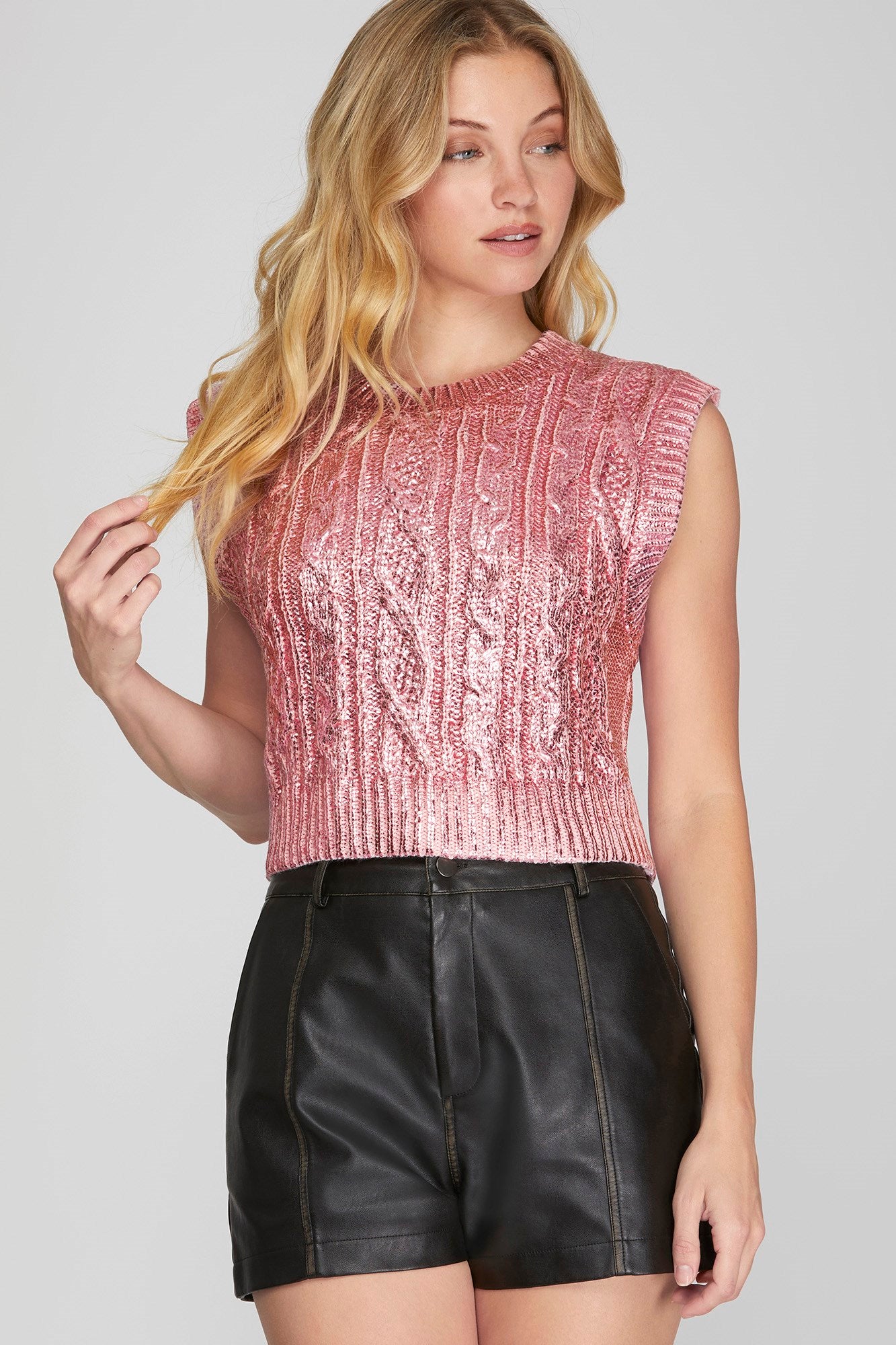 Marie Sleeveless Cable Knit Metallic Crop Sweater Pnk Gold