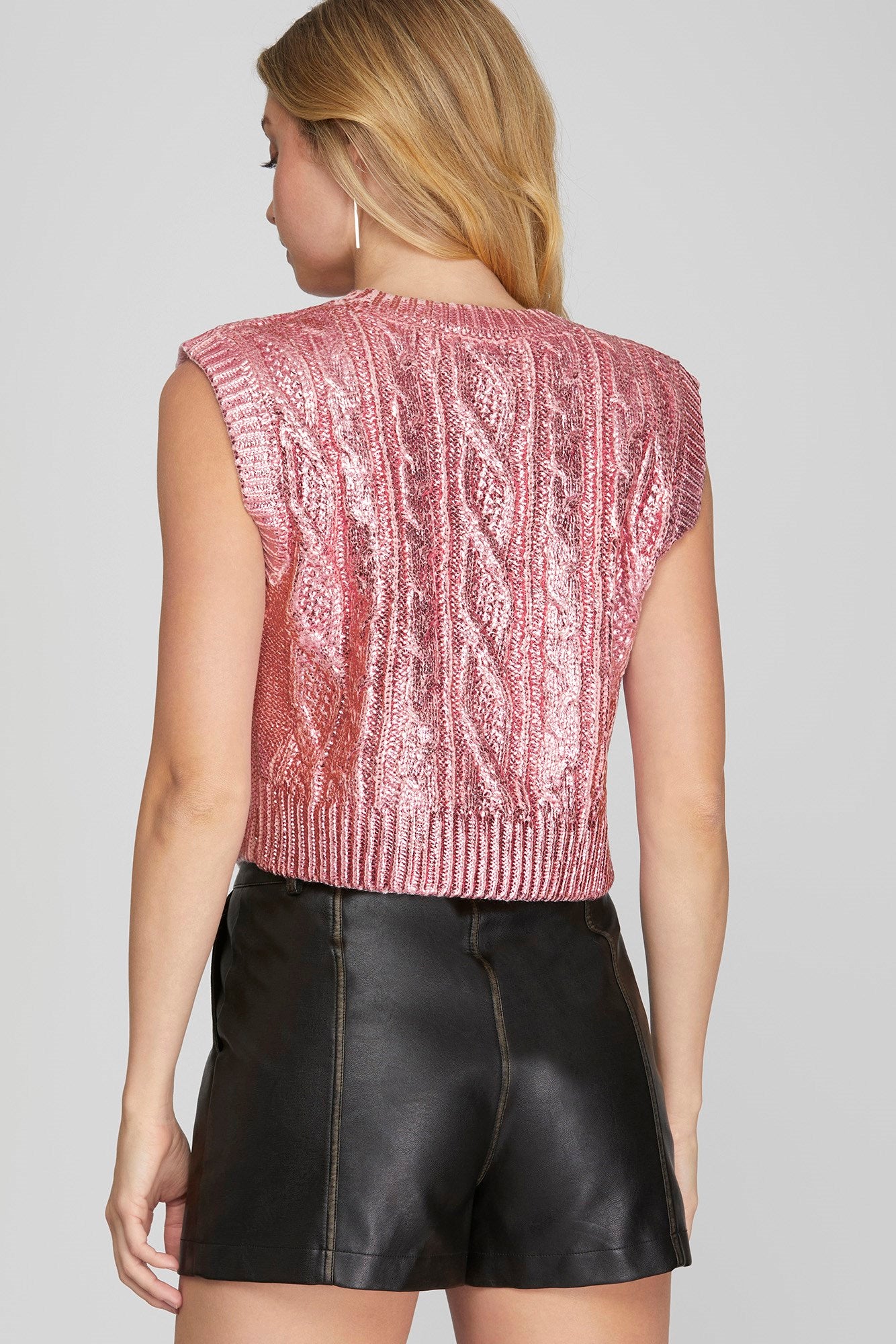Marie Sleeveless Cable Knit Metallic Crop Sweater Pnk Gold