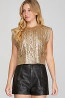 Marie Sleeveless Cable Knit Metallic Crop Sweater Pnk Gold