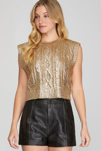 Marie Sleeveless Cable Knit Metallic Crop Sweater Pnk Gold