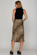 April Satin Leopard Midi Skirt Elastic Waist
