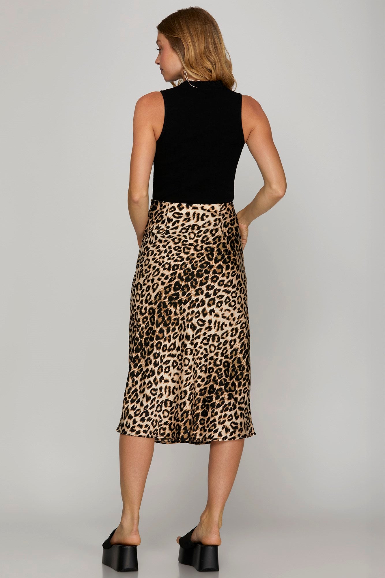 April Satin Leopard Midi Skirt Elastic Waist