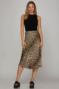 April Satin Leopard Midi Skirt Elastic Waist