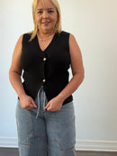 Linda Knit Golden Button Vest Black