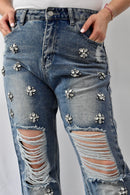 Distressed Mom Jeans Flower Studded