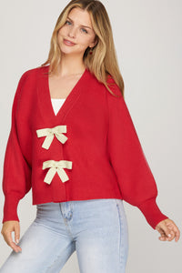 Abbie Long Sleeve Front Bows Cardigan Red