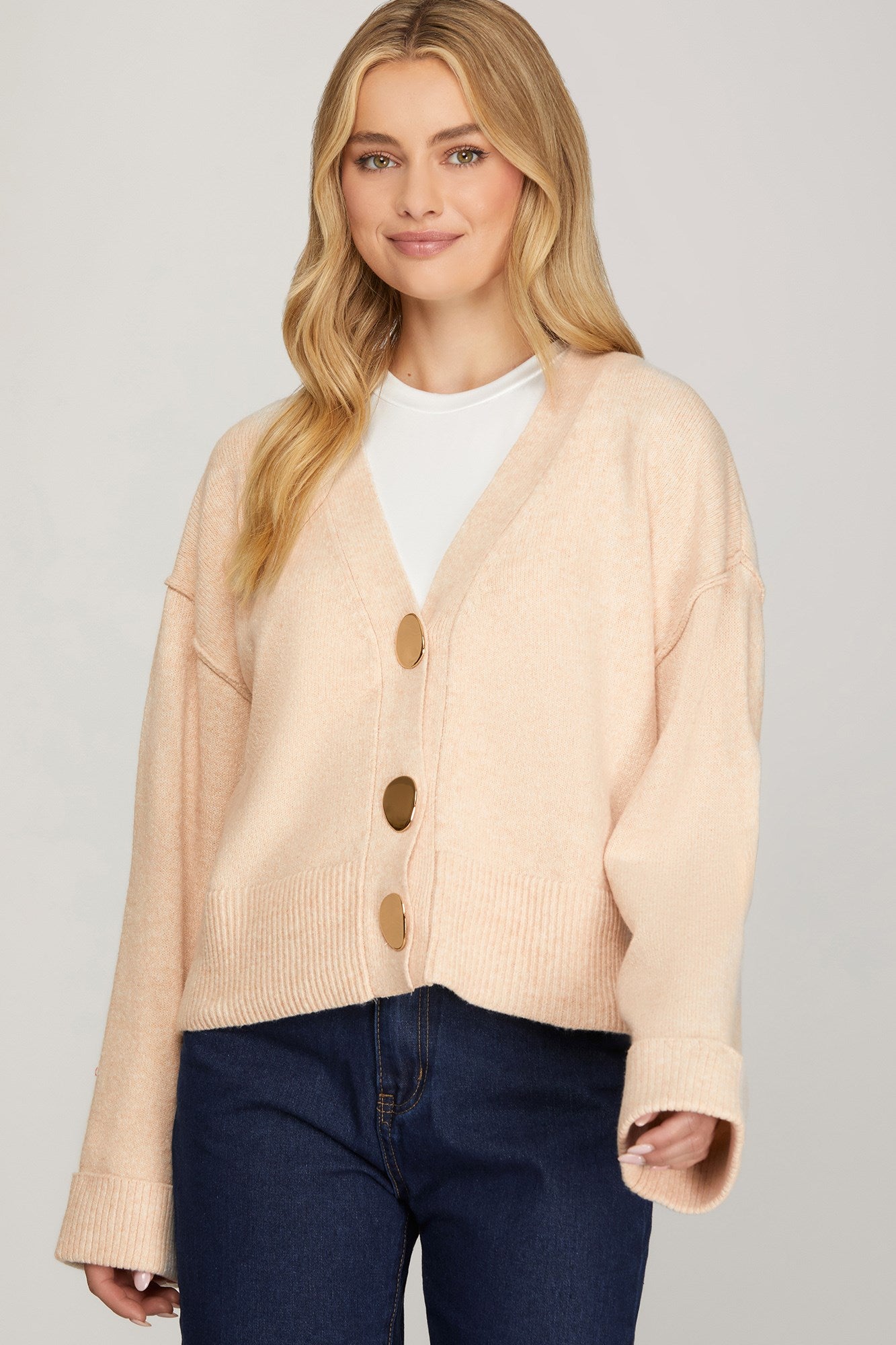 Andrea Gold Button Cardigan Cream