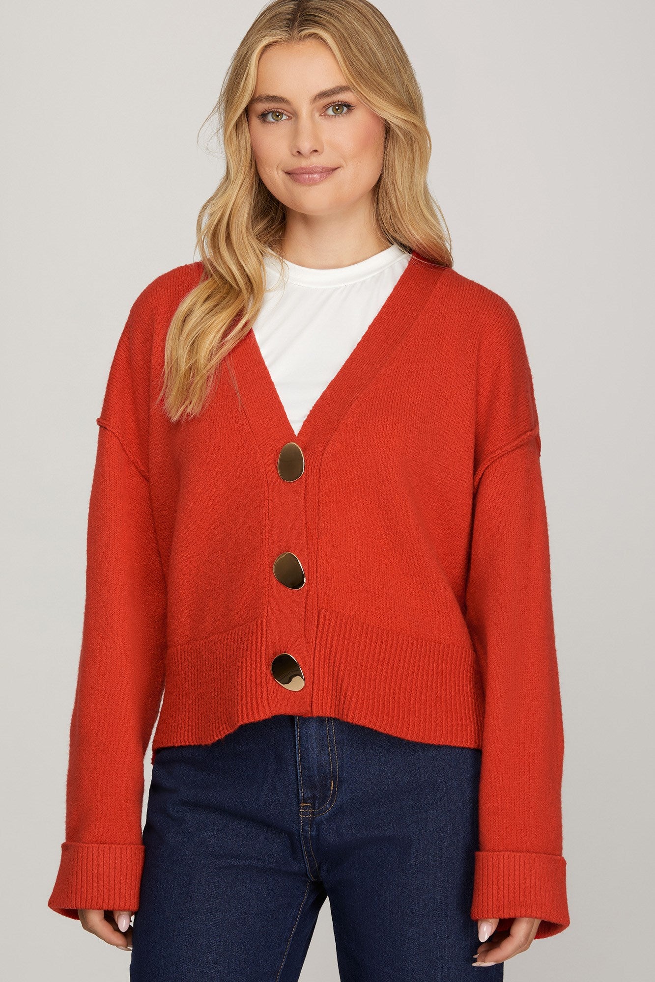 Andrea Gold Button Cardigan Cream