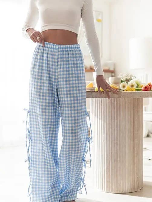 Sadie Bow Tie Gingham Pants Light Blue