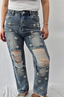 Distressed Mom Jeans Flower Studded