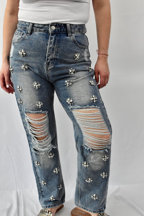 Distressed Mom Jeans Flower Studded