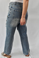 Distressed Mom Jeans Flower Studded