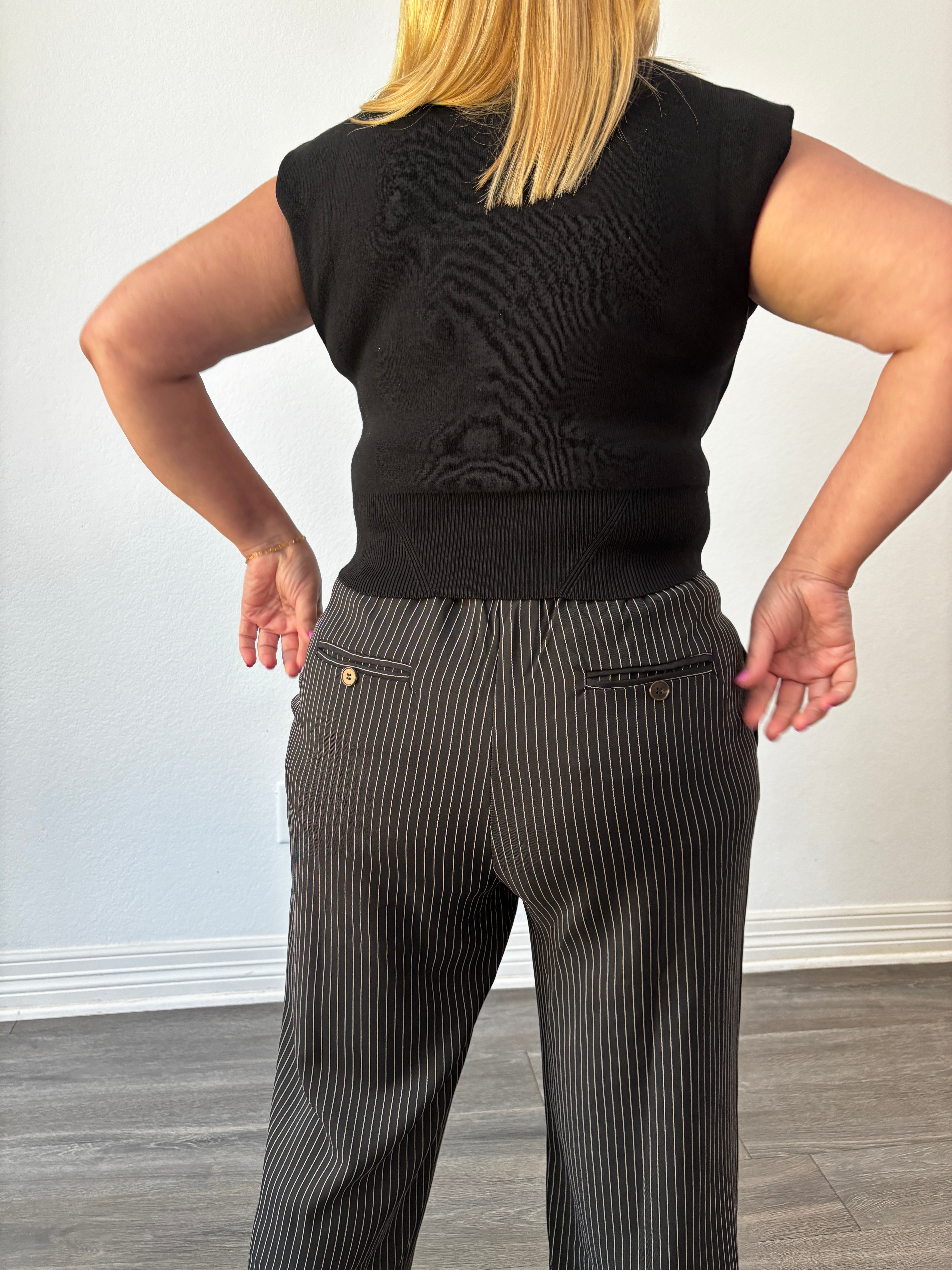 Leah Front Pleat Pinstriped Pants Black