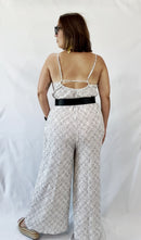 Sleeveless Wide Leg Jumpsuit with Pockets White Dotted