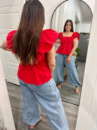 Red Ruffled Sleeve Top