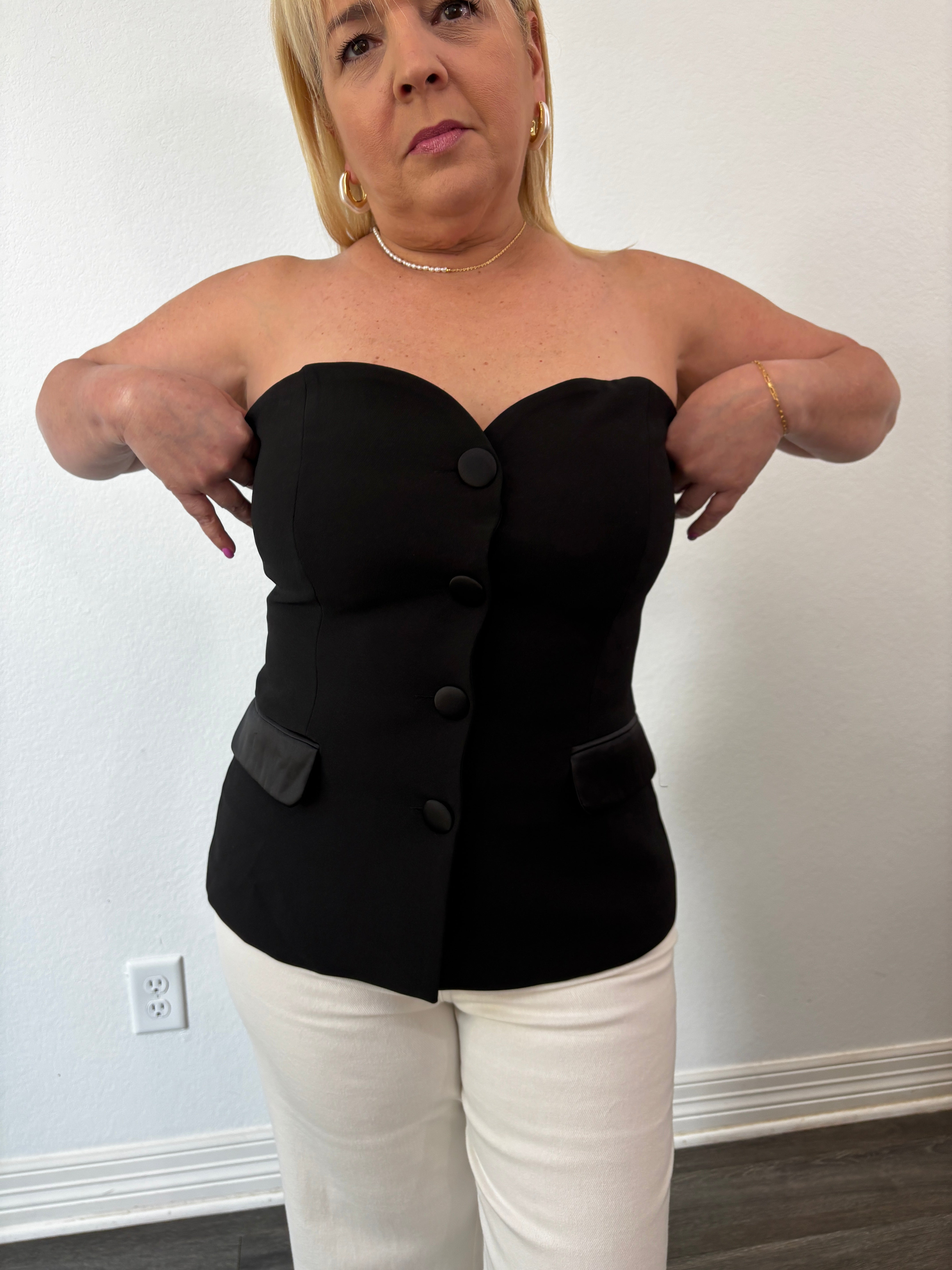 Debbie Strapless Sweetheart Button-Front Top Black