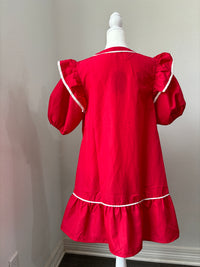 Red Mini Dress with Puff Sleeves and Pockets