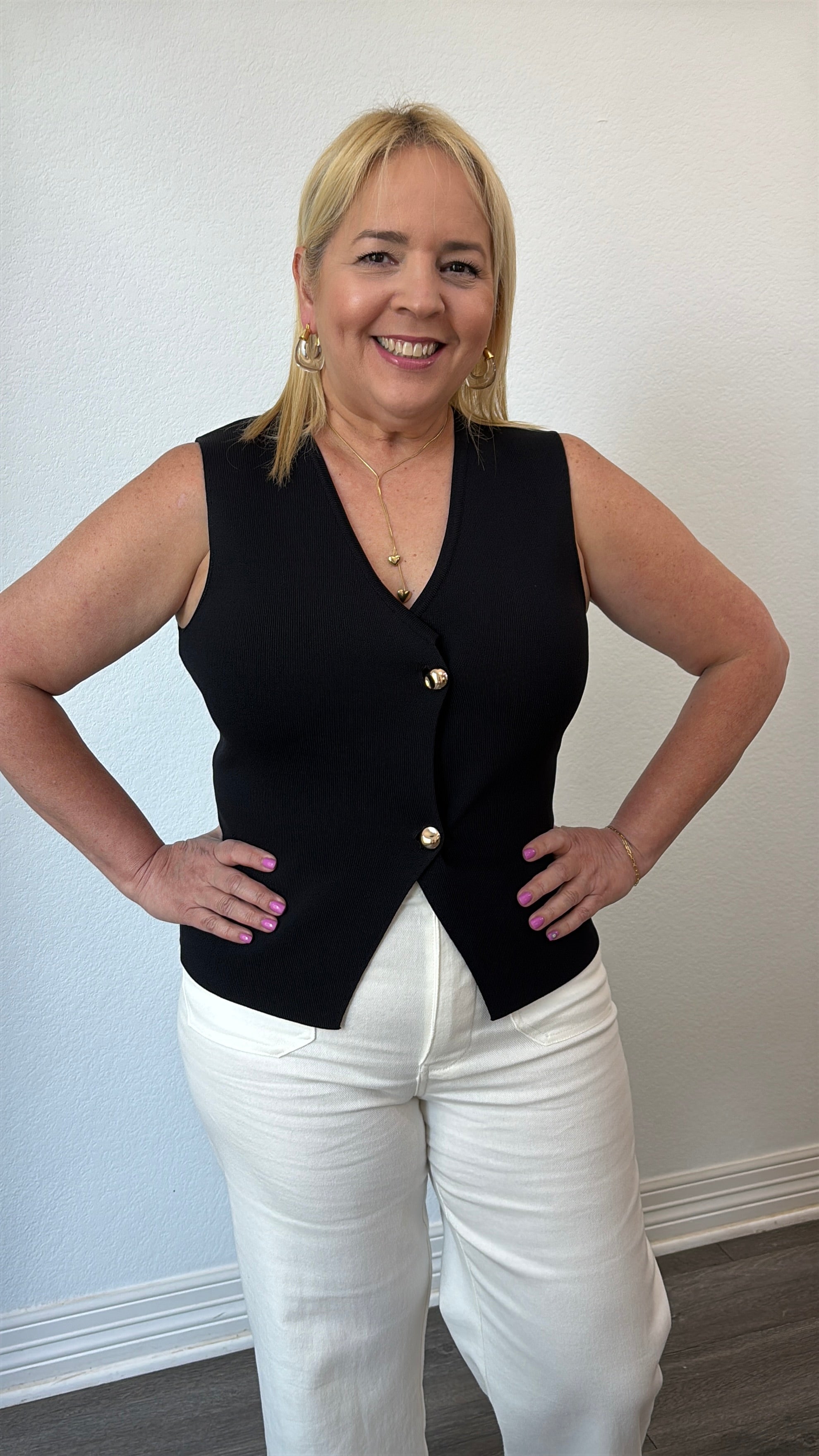 Linda Knit Golden Button Vest Black