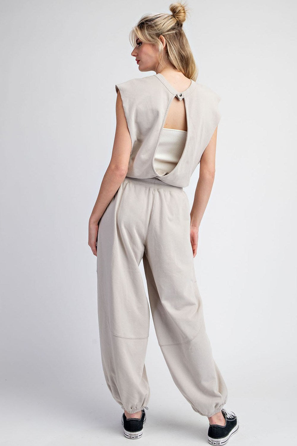 Open Back Cap Sleeve Jumpsuit Bone