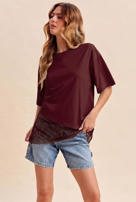 Brandi - Loose Fit Lace Tee - Burgundy