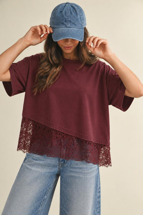 Brandi - Loose Fit Lace Tee - Burgundy