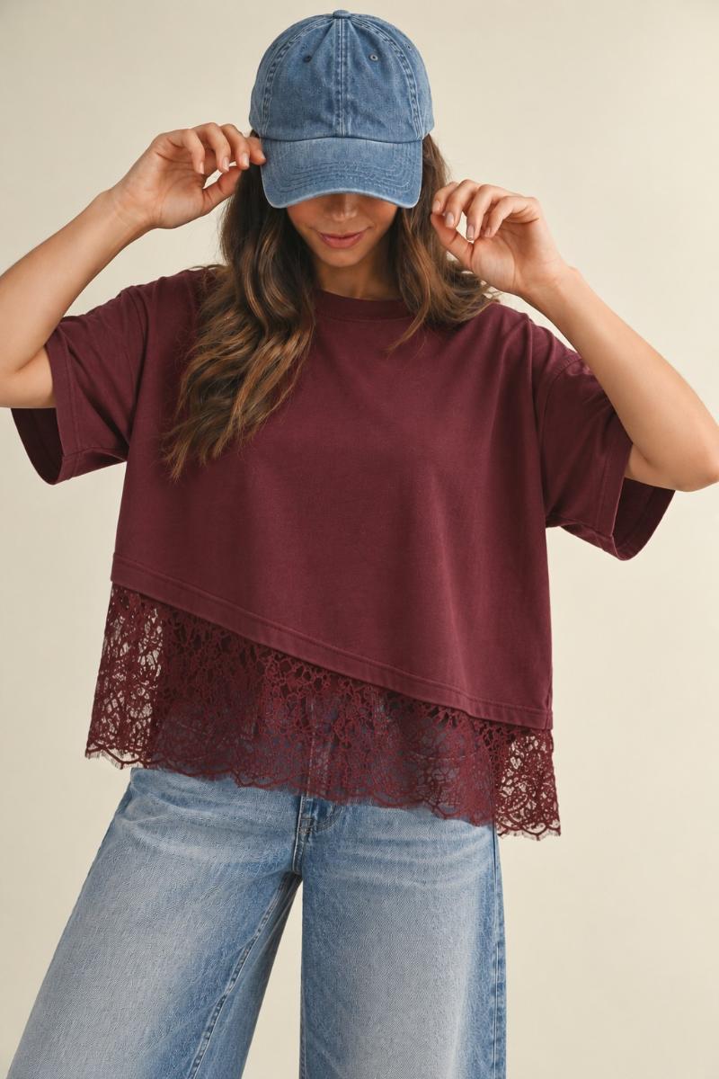 Brandi - Loose Fit Lace Tee - Burgundy