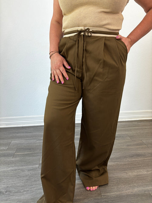 Shannon Contrast Tie Wide Leg Trousers Coffee