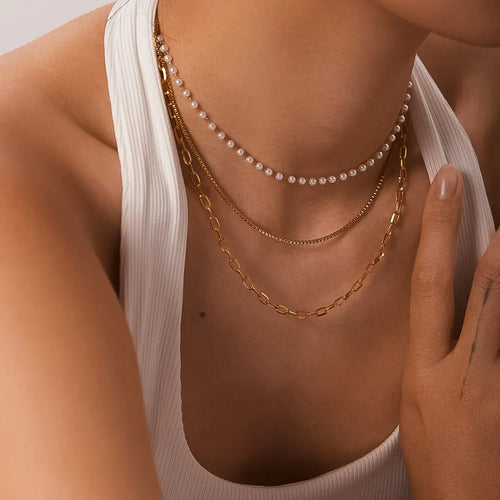 Celine Stacked Necklace - Gold Pearl