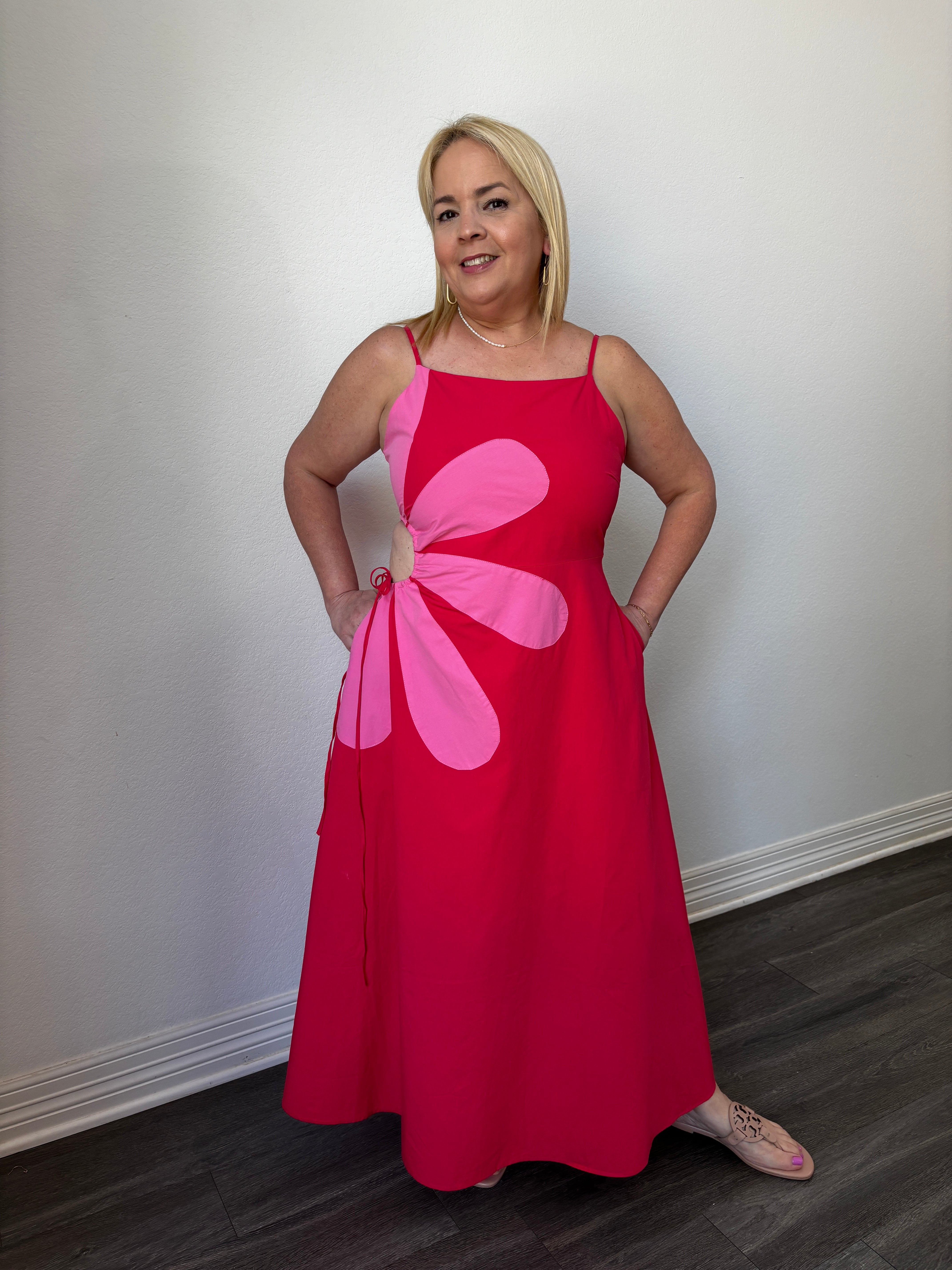 Jazmin Flower Cutout Midi Dress Red/Pnk Wht/Taupe