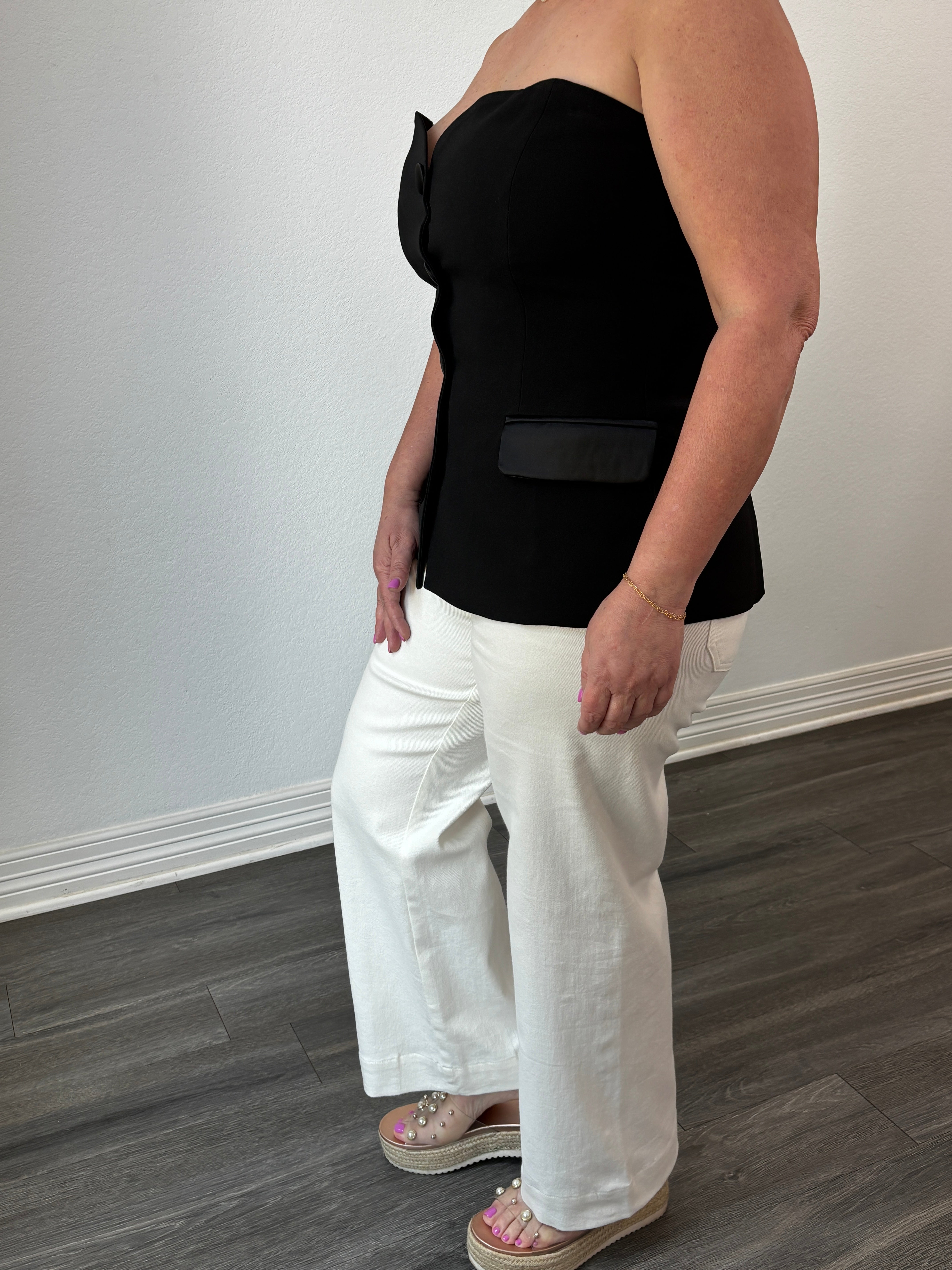 Debbie Strapless Sweetheart Button-Front Top Black